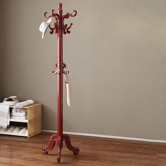 CraftThink Pine Coat Rack, Free Standing Tree Hanger Coat Tree for Clothes, Hats, Bags, Purses, with Double Prong Hooks, for Entryway, Hallway, Bedroom (Tripod Base 16" L x 16" W x 63" H, Red