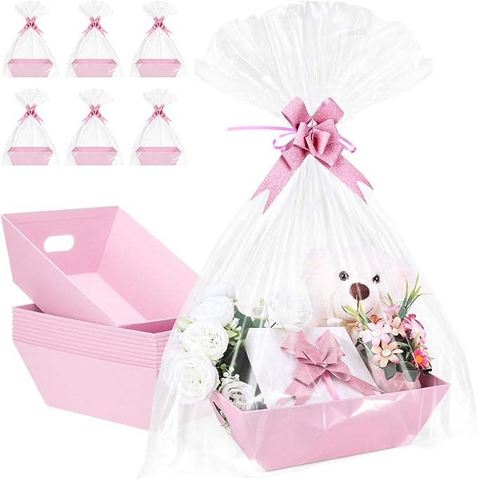 AFOROEOA 10PACK Pink Baskets For Gifts Empty, 10x12” Thick Gift Basket with 10 Bows 10 Bags Empty Gift Baskets for Christmas, Valentine’s Day, Easter, Birthdays, Valentine’s Day Wrapping Gift