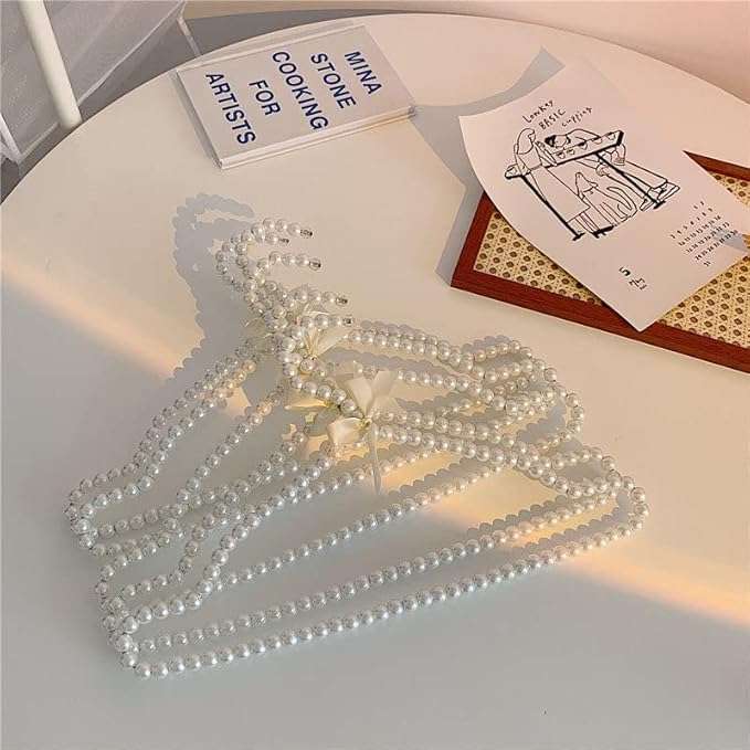 QTMY 5 Pack White Pearl Bow Clothes Hanger for Bride Wedding Dress,Shirt Bra Clothing Hangers (5 Pack)