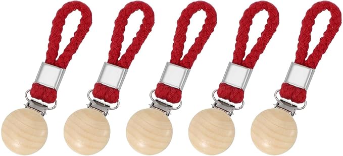 uxcell 5 Pcs Tea Towel Clips with Cotton Loop for Hanging, 4.3 Inch Metal Towel Hooks Multipurpose Cloth Hangers for Home Kitchen Bathroom, Red(Wooden)