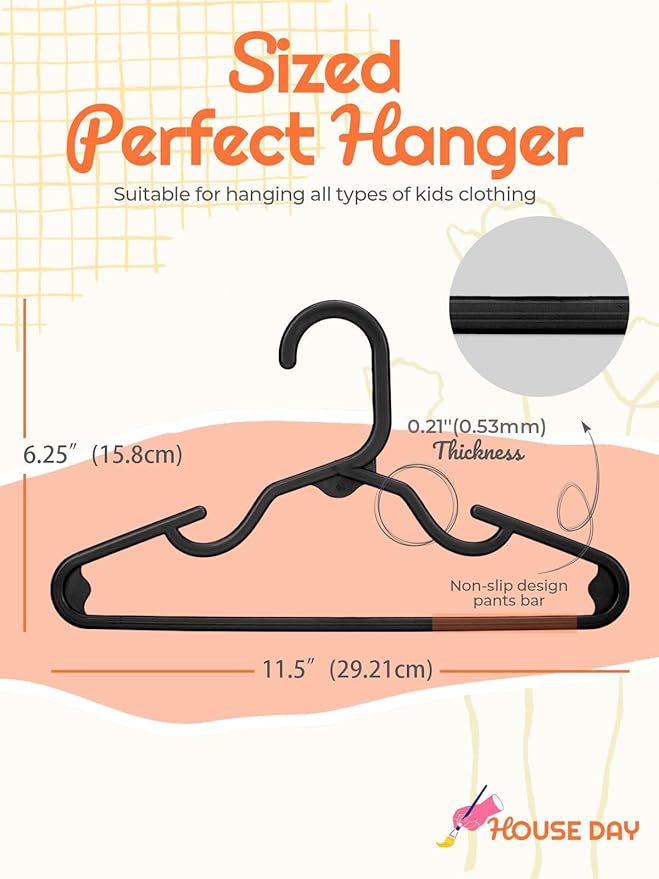 HOUSE DAY Premium Baby Hangers 120 Pack, 11 Inch Kids Plastic Hangers Black, Slim Childrens Hanger for Infant, Toddler, Child Clothes, Non-Slip Sturdy and Durable Baby Clothes Hanger for Closet