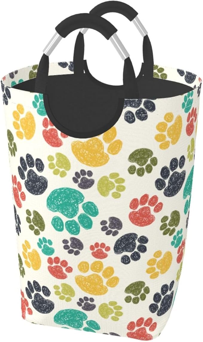 Colorful Dog Paw Laundry Basket Animal Laundry Hamper Collapsible Baskets with Handle Dirty Clothes Hamper Bag for Dorm Family Bathroom Decor Storage 50L
