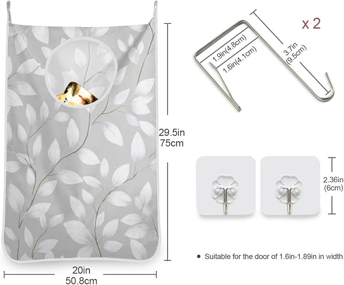 Grey Simple Leaves Hanging Laundry Hamper Door Hampers Bag Basket with Stainless Steel Hooks Oxford Fabric Printing Decorative Clothes Bags 29.5X20inch 2Pack