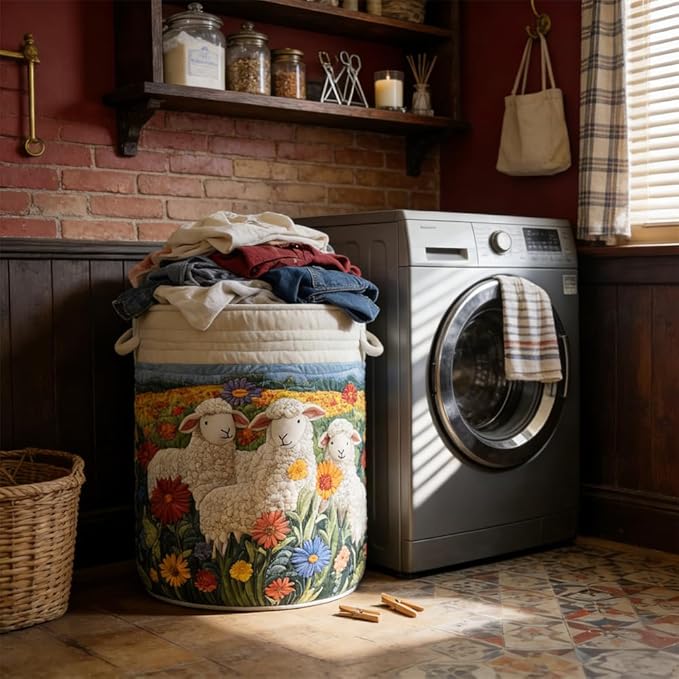 Quilted Laundry Basket with Handles, Boho Floral Fabric Storage Hamper, Large Soft Quilted Laundry Basket for Nursery, Bedroom, Laundry Room,Clothes & Toys (Forest Trees Pattern B, M)