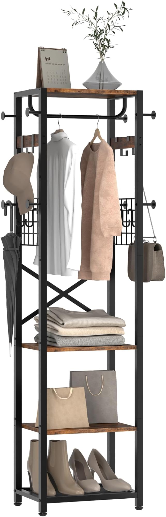 Coat Rack with Shelves, Freestanding Hall Tree, Coat Tree with 16 Hooks and Hanging Rail, Industrial Clothes Stand for Entryway, Hallway, Bedroom, Rustic Brown and Black TYM18BF