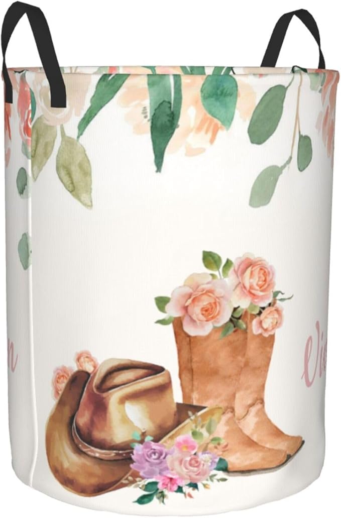 Personalized Laundry Basket for Nursery, Custom Nursery Laundry Hamper with Name, Customize Baby Clothes Circular Hamper for Boys Girls Room Decor, Cowgirl