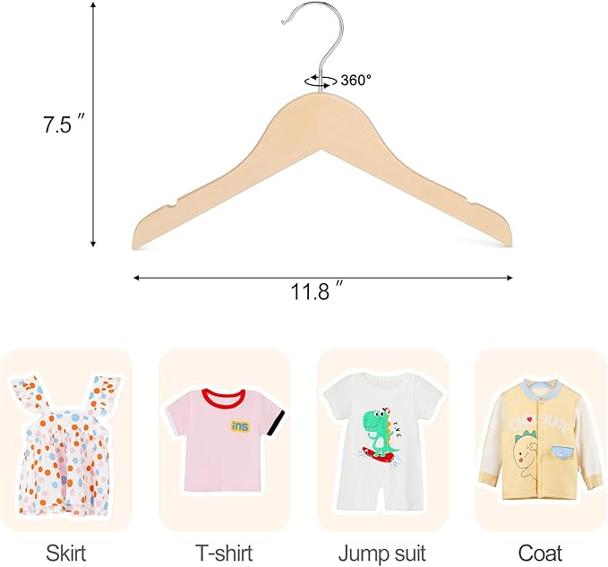 TOPIA HANGER Unfinished/Natural Kids Children Baby Wood Wooden Clothes Dress Shirt Hangers with No Painting - 360°Stronger Flexible Hook- Extra Smoothly Cut Notches, 10 Pack CT09N