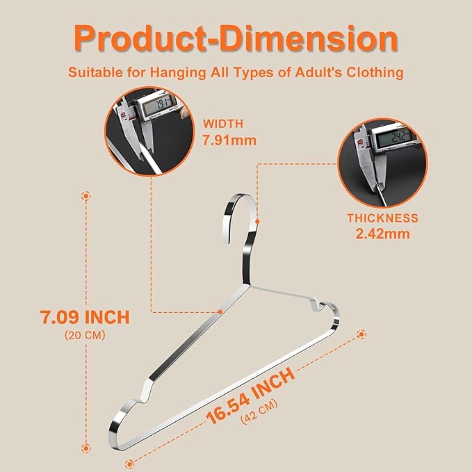 Jiang&Rong 20 Pack Stainless Steel Hangers, 16.5 Inch Heavy Duty Metal Coat Hangers for Adults, Space Saving & Non-Slip Clothes Hangers, Durable Silver Hanger for Bulk Storage