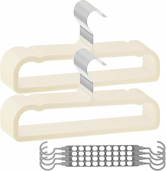 Velvet Pants Hangers Non Slip, 30 Pack Velvet Hangers for Closet with Porous Hooks, Strong Durable Space Saving Slim Clothes Hanger, Ultra Thin Flocked Hanger for Pants/Shirts/Bra/Shorts (Cream)