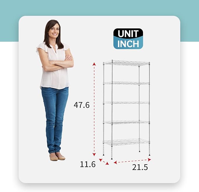 5-Tier Heavy Duty Metal Storage Shelves, NSF Certified Adjustable Wire Shelving Unit with Leveling Feet, 750 LBS Capacity Metal Rack for Garage, Kitchen, Pantry,Office,Chrome, 21.5"L x 11.6"W x 47.6"H