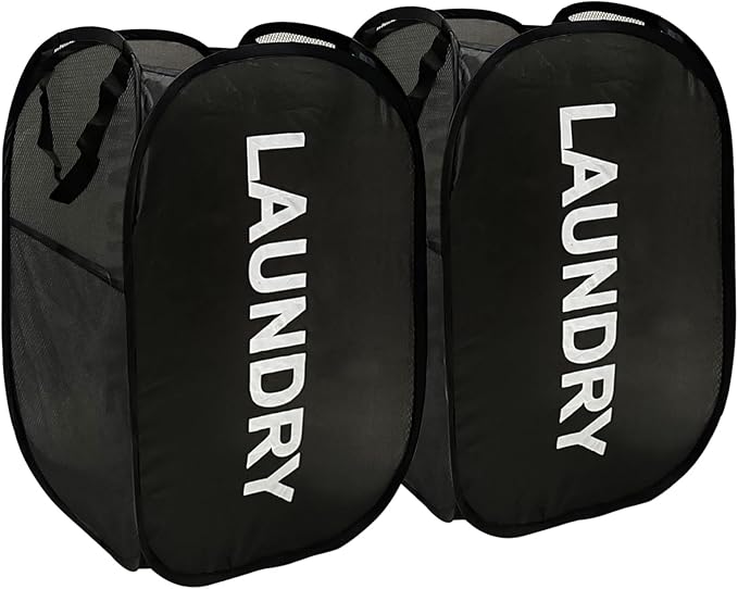 Pop Up Laundry Hampers, Collapsible Mesh Laundry Baskets, 2 Pack Black Clothes Hampers Storage Baskets for Home, Dorm, Travel