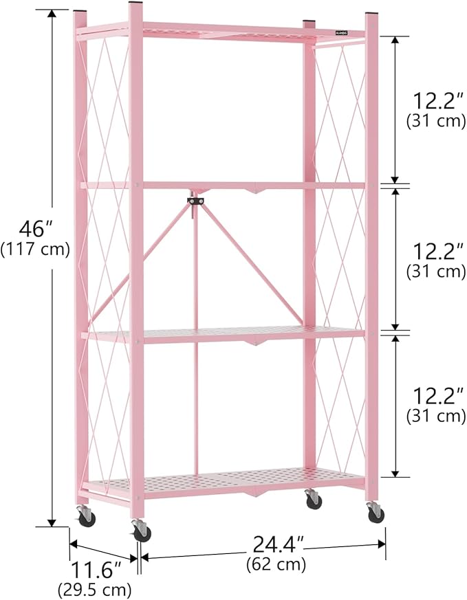 ALANNG Heavy Duty 4-Tier Folding Shelf with Wheels, No Tools Assembly Metal Storage Rack Cart, 264LBS Capacity for Kitchen, Pantry, Laundry Room, Garage, (Pink, 1PACK)