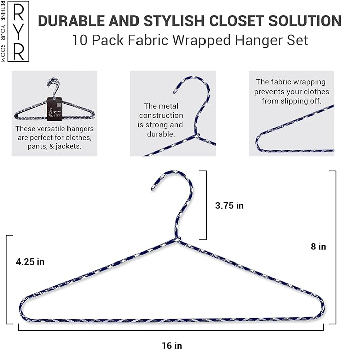 Clothes Hangers 10 Pack Stylish Fabric Wrapped Metal, Space Saving Coat, Velvet, Pant Hangers for Closet Organization, Durable Non-Slip, Navy/White Wardrobe Essentials Bulk Storage