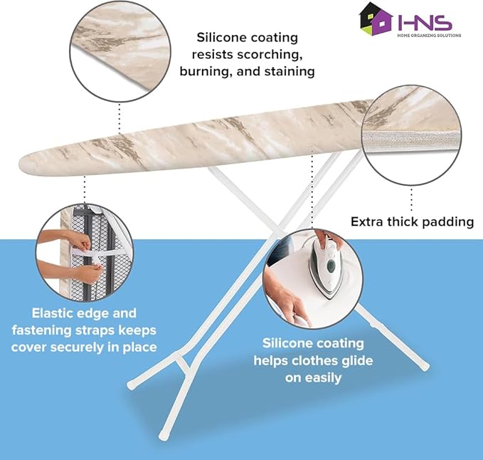 HOLDN’ STORAGE Ironing Board Cover - Silicone-Coated, Scorch-Resistant 15 x 54 Padding with Hook & Loop Straps, Cover Fits All Standard Sizes - Beige Marble