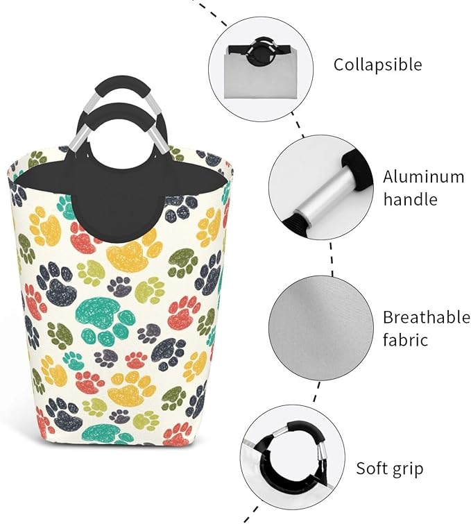 Colorful Dog Paw Laundry Basket Animal Laundry Hamper Collapsible Baskets with Handle Dirty Clothes Hamper Bag for Dorm Family Bathroom Decor Storage 50L