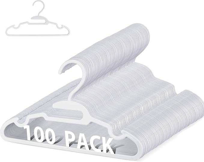 100 Pack Kids Hangers - Plastic Baby Hanger for Closet, Childrens Infant Hangers for Clothes, U-Shape Nursery Newborn Hanger 11.4 inch with Protective Collar Non-Distorting Design