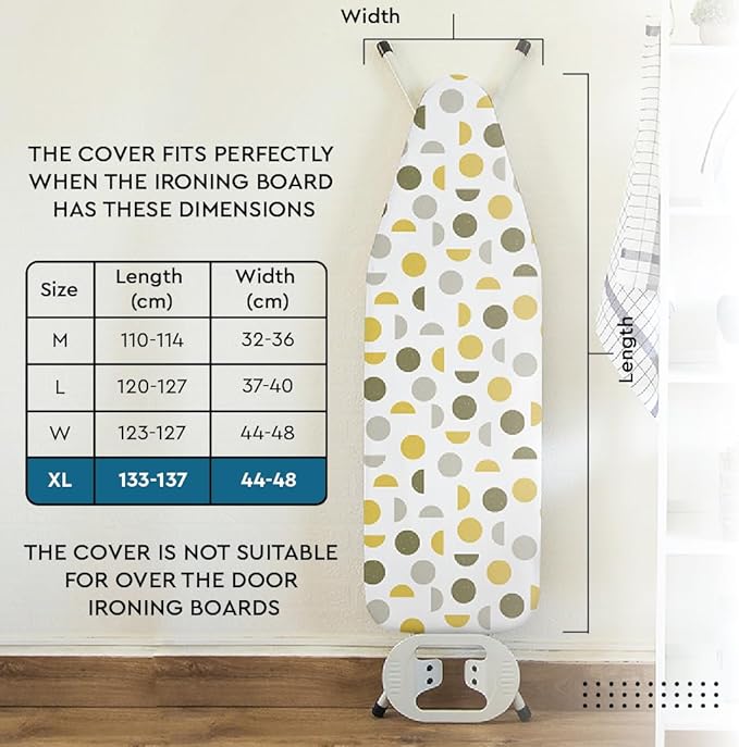 Encasa XO Ironing Board Cover and Pad 54"x18" - Thick 3mm Felt Padding, Drawstring Tightening & Lock, Easy Fit, Scorch & Stain Resistant, Fits X-Large Ironing Board - Big Leaves Blue