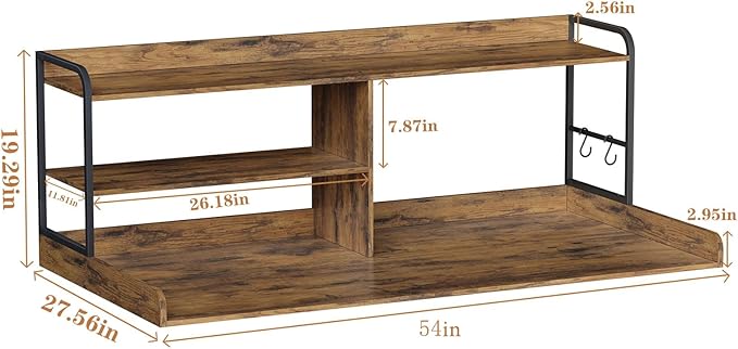 Washer and Dryer Countertop with Shelves, 54" x 27.56" 3 Tiers Large Laundry Topper with 2.95" Edge Rails, Laundry Room Storage and Organization with 2 Hooks and Non-Slip Pads