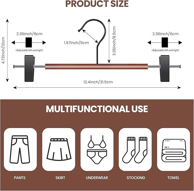 Jiang&Rong 20-Pack Wooden Hangers with Metal Clips - Adjustable Non-Slip Closet Organizers for Pants, Jeans, Skirts, Socks | Heavy-Duty Rustproof Hanger Set (Black)