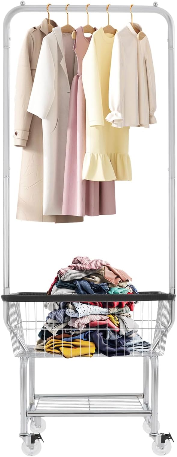 Laundry Cart With Hanging Rack, 110 lbs Capacity Rolling Laundry Basket with Shoe rack, 19''x15''x70'' Laundry Basket with Wheels (3" Crystal Wheels+Black trim)