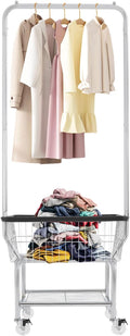 Laundry Cart With Hanging Rack, 110 lbs Capacity Rolling Laundry Basket with Shoe rack, 19''x15''x70'' Laundry Basket with Wheels (3" Crystal Wheels+Black trim)