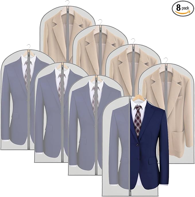 Zilink Breathable Fur Coat Suit Bags for Closet Storage 43" Jacket Cover Hanging Garment Bags for Leather Clothes, Fur Coat, Jackets,Suits, Grey, 8 Pack