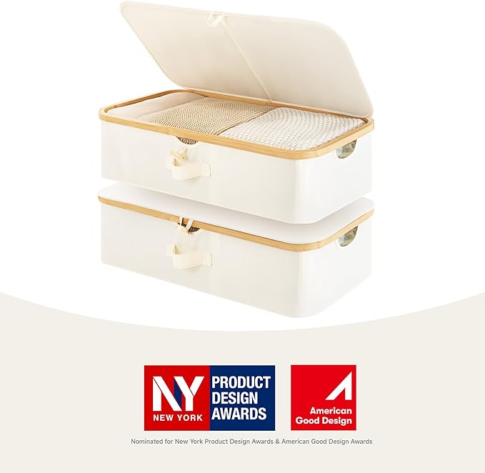 StorageWorks 2-Pack Underbed Storage Box with Bamboo Frame, 42L Flip-Top Under Bed Container for Blankets, Bed Sheets, Coverlets and Towels, Beige