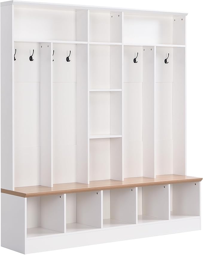 4-in-1 Wide Design Hall Tree with Storage Bench, Minimalist Shoe Cabinet with Cube Storage & Shelves, Multifunctional Coat Rack with 8 Hooks for Entryways Mudroom