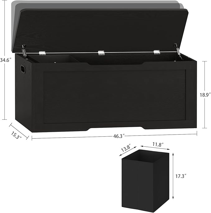 usikey 47.2" Large Storage Chest with Fabric Drawer, Toy Box with Safety Hinges, Extra Wide Storage Bench for Bedroom, Living Room, Entryway, Supports 300 lb