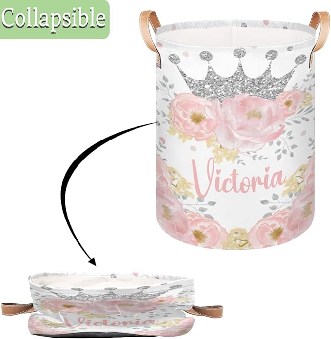 Personalized Laundry Basket, Custom Gift Laundry Hamper, Collapsible Nursery Waterproof Laundry Baskets, Dirty Clothes Toy Hamper with Handles Floral Silver Crown