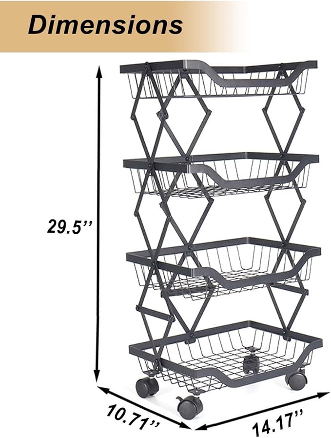 Rolling Utility Cart, Foldable Metal Shelf Organizer with Locking Wheels, Multi-Purpose Storage Rack for Kitchen, Office, Laundry, 14.17" L x 10.71" W x 29.5" H Black 4 Tiers