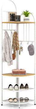 Tangkula Corner Hall Tree, 71 Inch Tall Entryway Coat Rack with Shoe Bench & 4 Storage Shelves, 6 Movable Hooks, Freestanding Metal Corner Clothes Rack for Bedroom Hallway Living Room