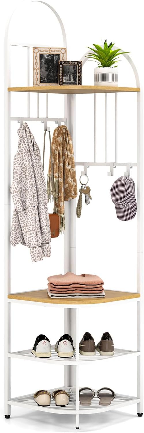 Tangkula Corner Hall Tree, 71 Inch Tall Entryway Coat Rack with Shoe Bench & 4 Storage Shelves, 6 Movable Hooks, Freestanding Metal Corner Clothes Rack for Bedroom Hallway Living Room