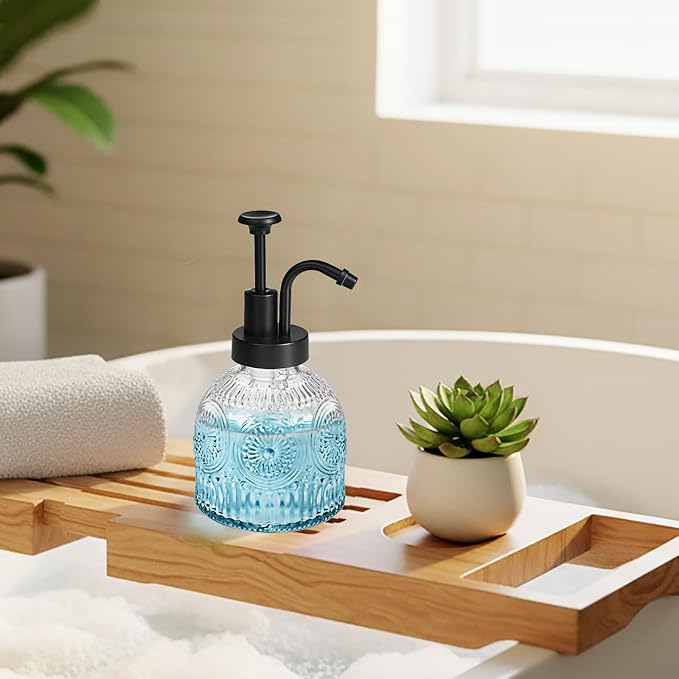 SheeChung Vintage Soap Dispenser, Kitchen Dish Soap Dispensers with Pump Mat, Glass Hand Soap Dispenser for Bathroom, Liquid, Lotion, Refillable, Rustic Farmhouse Decor-Clear (Black Pump, 2 pk)