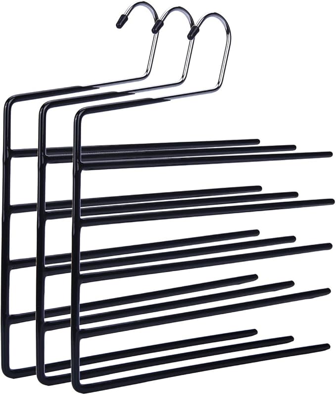 Nature Smile Pants Hangers 3pack, Heavy Duty Multi Layers Space Saving Slack Hangers,Non Slip 5 Tier Open-Ended Pants Hanger Closet Storage Organizer for Garden Flags Trousers Jeans Scarf