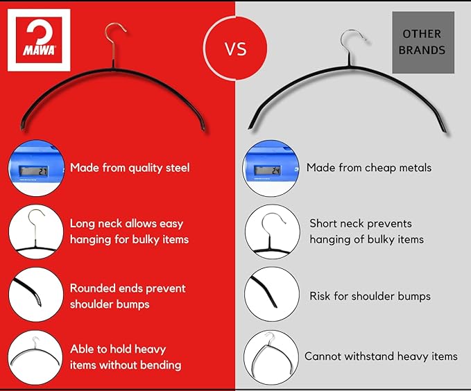 Mawa by Reston Lloyd Euro Series Non-Slip Space Saving Clothes Hanger for Shirts & Dresses, Style 40/P, Set of 12, Silver