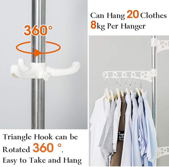 BAOYOUNI Adjustable Corner Coat Rack Stand Entryway Hall Tree Hat Jacket Hanger Hooks Floor to Ceiling Holder Organizer for Clothes, Purse, Scarves, Handbags, Umbrella, Plants - Ivory