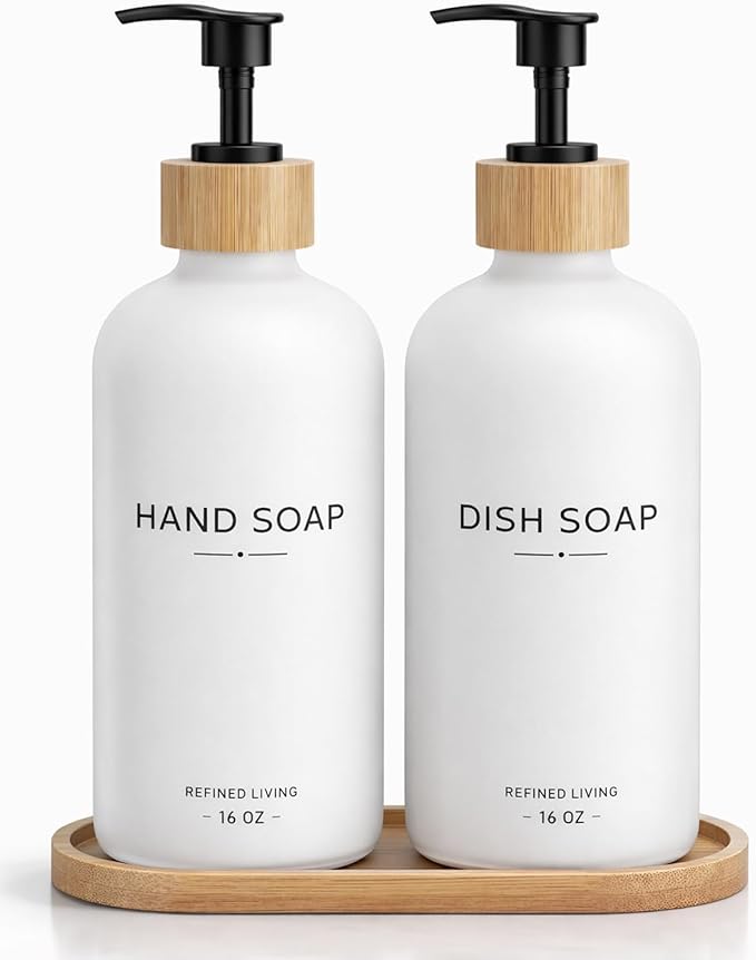 Hand and Dish Soap Dispenser Set,16oz Glass Bottles with Printed Labels, Bamboo Tray & Pump,Countertop Soap Dispensers for Kitchen,Luxury, Minimalist & Farmhouse Decor (Hand Dish (White))