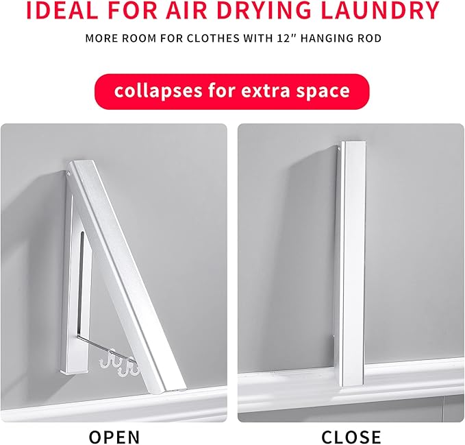 Dr.DJ Retractable Clothes Rack Wall Mounted Clothes Hanger - Foldable Clothes Drying Rack Wall Mount Coat Hangers for Laundry Indoor, Aluminium (1 Rack, Silver)