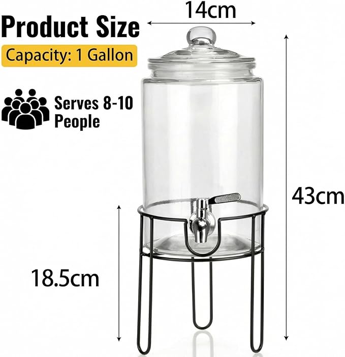1 Gallon Drink Dispenser with Stand, Drink Dispensers for Parties, Christmas, Beverage Dispenser with 100% Leakproof Spigot, Ideal for Lemonade, Juice, Water, Laundry Detergent Dispenser