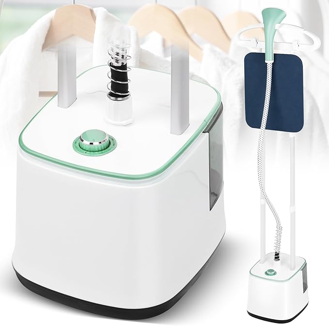 ADVWIN Steamer for Clothes, 2000W Powerful Standing Garment Steamer, 10 Steam Levels, 2.7L Water Tank for 90 Mins Continuous Steaming, Home & Commercial Use, Hanger, Gloves, Fabric Brush (Green)