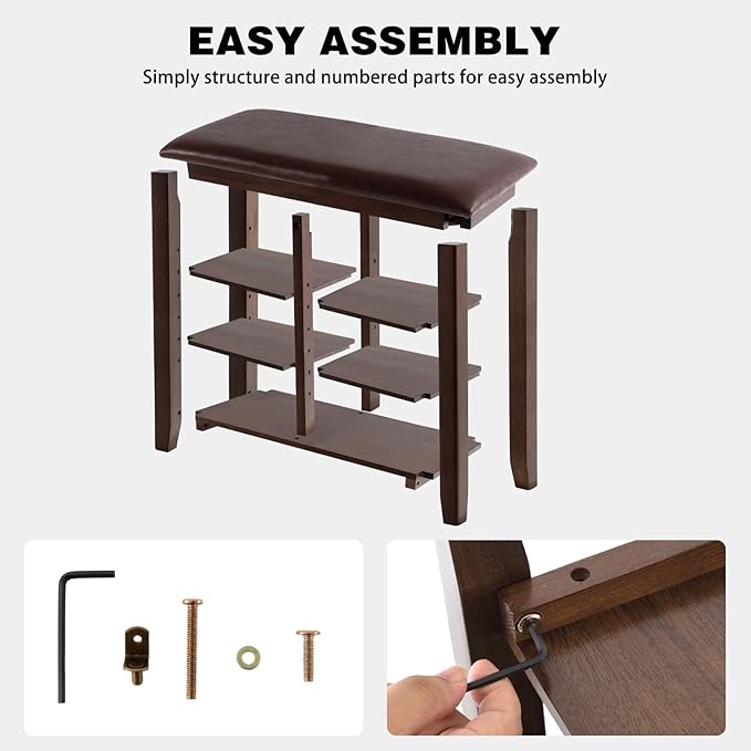 PY HOME & SPORTS Shoe Rack for Entryway 23.6": 3-Tier Shoe Storage Bench, Adjustable/Removable Shelves, Rubberwood Shoe Benches for Hallway, Porch, Bathroom, Brown