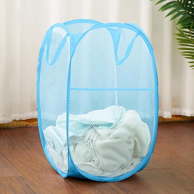 Mesh Laundry Hamper, Pop Up Laundry Basket Portable Collapsible Clothes Storage Bin for Bedroom, College Dormitory, Apartment, Foldable Clothes Hamper, Sky Blue