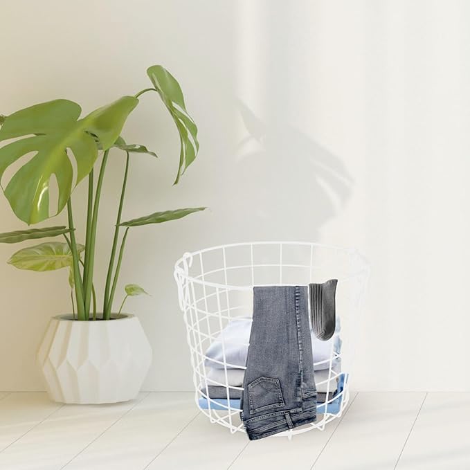 Luxshiny Iron Wire Utility Storage Basket, Laundry Basket Hamper Metal Clothes Basket with Handles Grocery Basket Trash Can for Kitchen Bathroom Laundry Room White