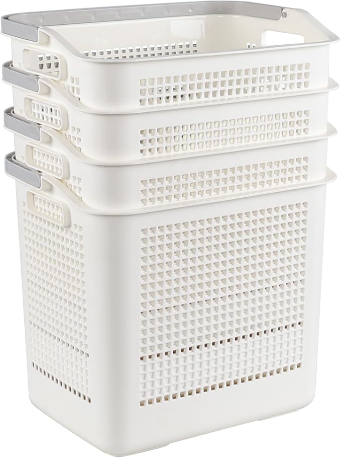 4 Packs 42 L Plastic Laundry Hampers with Handles, Plastic Storage Baskets, White
