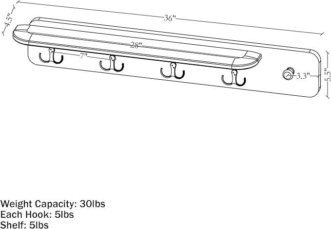 Alaterre Furniture Coat Rack with Shelf - Calais Collection Wall Mount Shelf with 4 Coat Hooks and Peg - Acacia Wood Wall Hangers (Warm Chestnut)