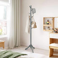 S AFSTAR 8-Hook Coat Rack Freestanding, Wood Coat Tree With 3 Adjustable Height, Standing Jacket Hanger for Hats Purses Scarves, Easy Assembly, Clothes Hanger Stand for Bedroom Entryway (Grey)