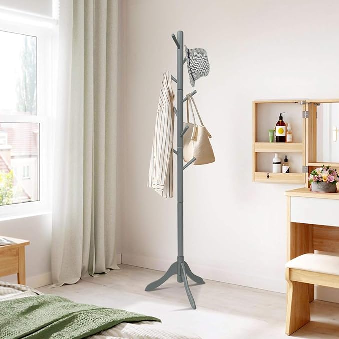 S AFSTAR 8-Hook Coat Rack Freestanding, Wood Coat Tree With 3 Adjustable Height, Standing Jacket Hanger for Hats Purses Scarves, Easy Assembly, Clothes Hanger Stand for Bedroom Entryway (Grey)