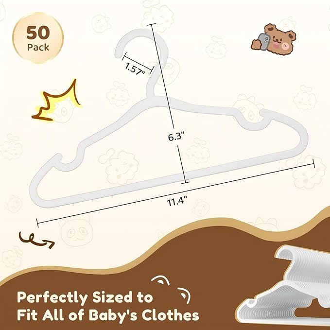 Plastic Kids Hangers - 50 Pack Non-Slip Baby Clothes Hangers for Closet, Toddler & Newborn Clothing Pants, Skirts, Coats (White)