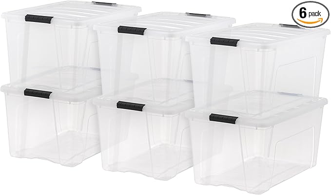 IRIS USA 72 Qt Stackable Plastic Storage Bins with Lids, 6 Pack - BPA-Free, Made in USA - See-Through Organizing Solution, Latches, Durable Nestable Containers, Secure Pull Handle - Clear